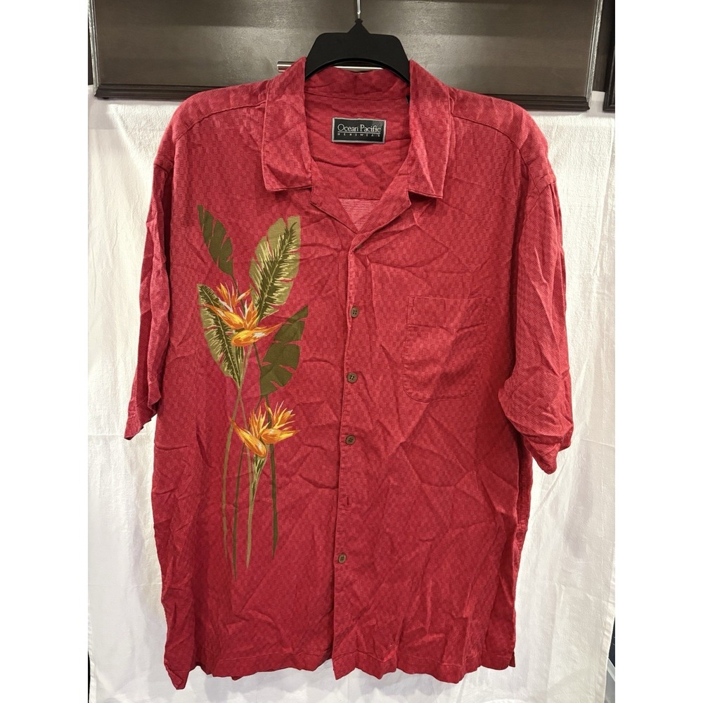 Ocean Pacific OP Hawaiian Camp Shirt XL Red Bird Of Paradise Rayon Cotton Floral